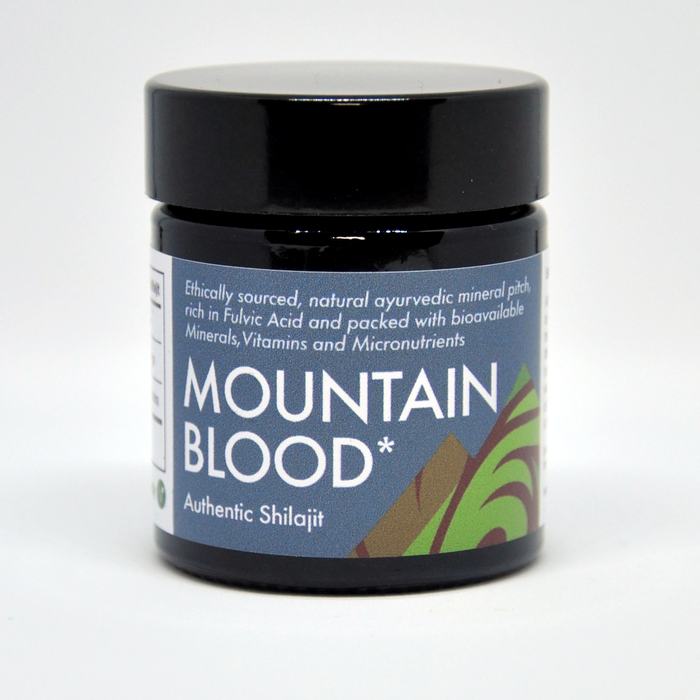 Shilajit resin, a tar-like mineral pitch, packaged in a jar